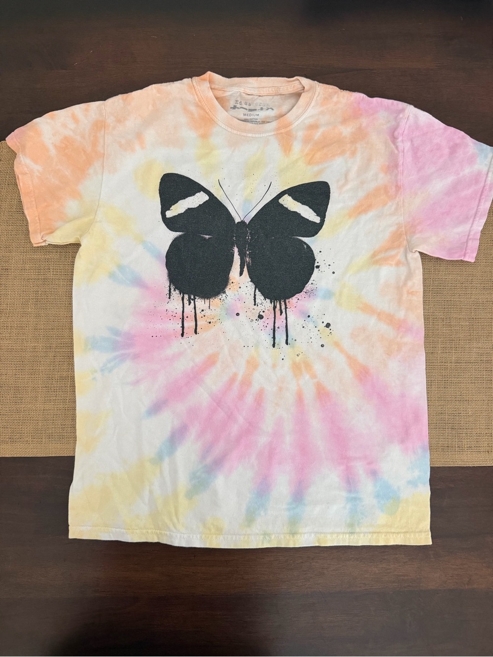 Pastel Tie-Dye Short Sleeve Tee w/ Black Butterfly Graphic- Ed Sheeran tour -med